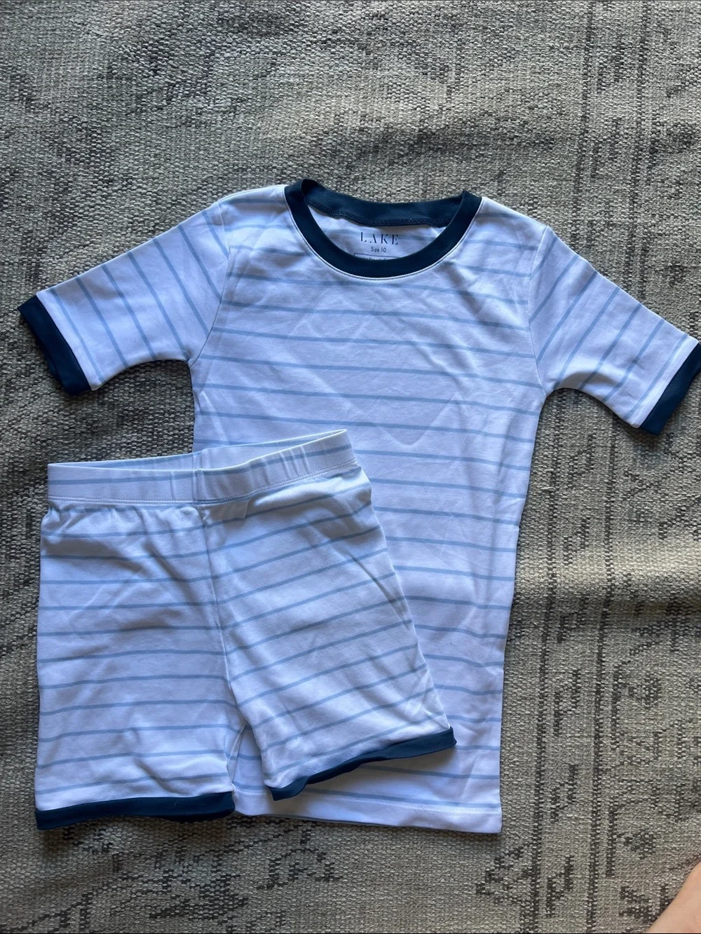 Kids Light Blue & White Striped Short Pajama Set with Navy Trim